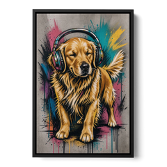 Golden Retriever with Headphones - Black Framed Canvas Wall Art - Front