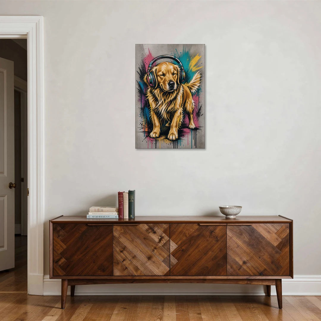 Golden Retriever with Headphones - Canvas Wall Art - Coffee Table - 24x36
