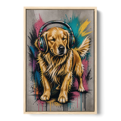 Golden Retriever with Headphones - Oak Framed Canvas Wall Art - Front
