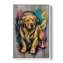 Golden Retriever with Headphones - White Framed Canvas Wall Art - Front