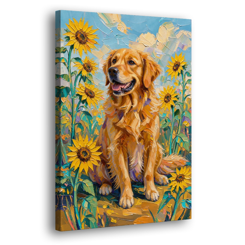 Golden Retriever with Sunflowers - Canvas Wall Art