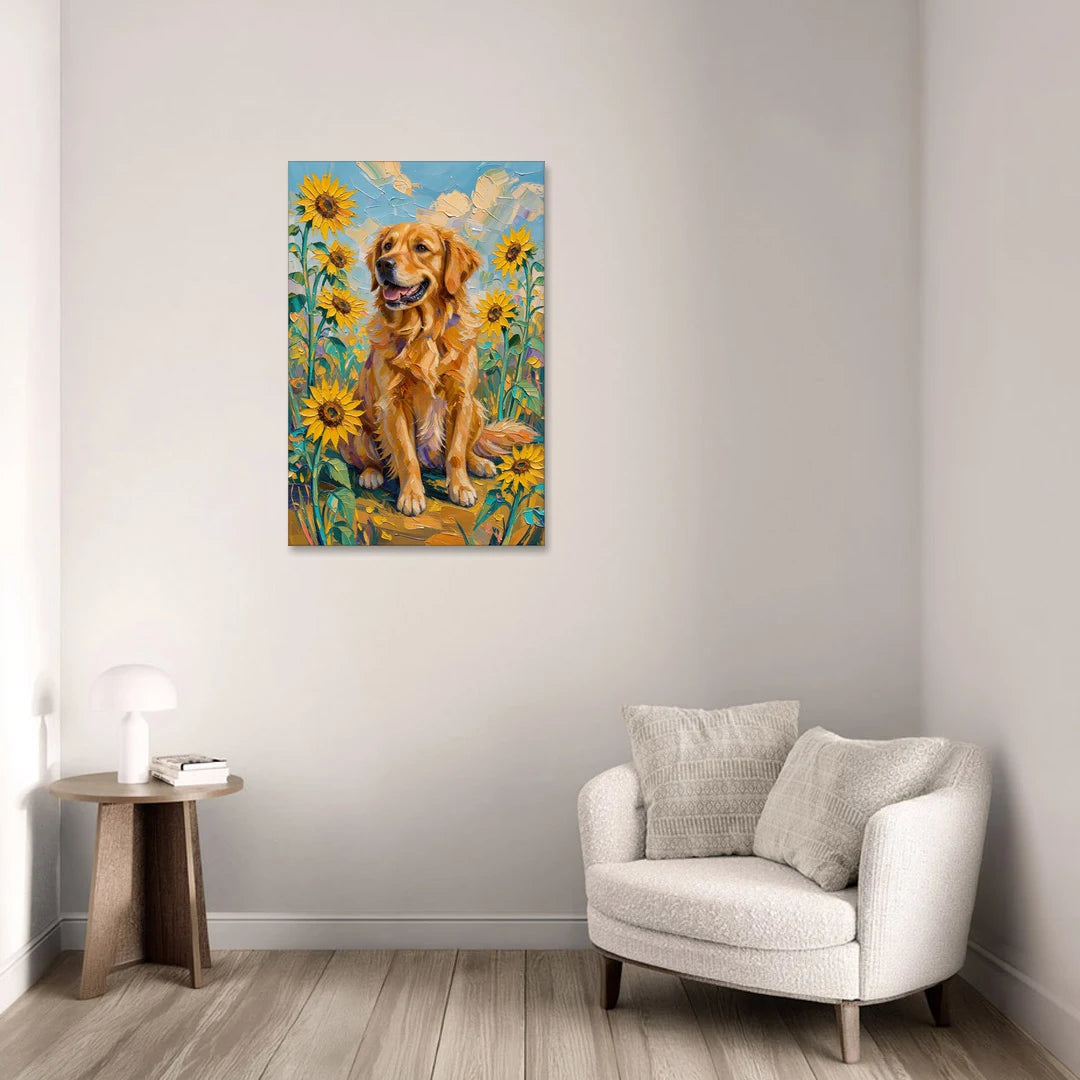 Golden Retriever with Sunflowers - Canvas Wall Art - Sofa - 24x36