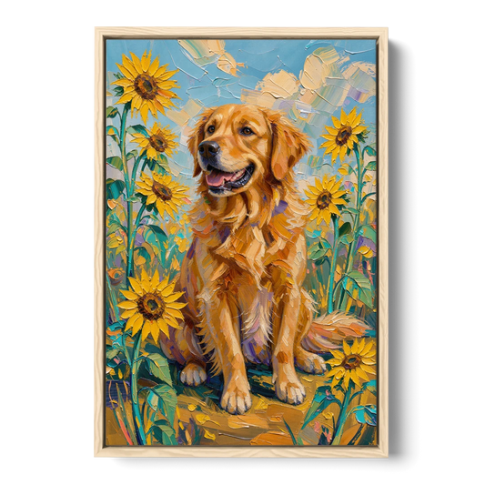 Golden Retriever with Sunflowers - Oak Framed Canvas Wall Art - Front