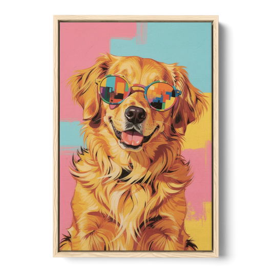 Golden Retriever with Sunglasses - Oak Framed Canvas Wall Art - Front