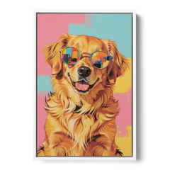 Golden Retriever with Sunglasses - White Framed Canvas Wall Art - Front