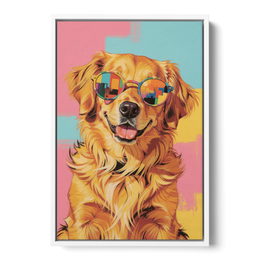 Golden Retriever with Sunglasses - White Framed Canvas Wall Art - Front