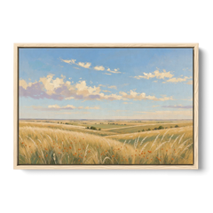 Golden Tallgrass Prairie Above a King Bed - Oak Framed Canvas Wall Art - Front