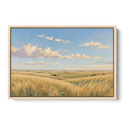 Golden Tallgrass Prairie Above a King Bed - Oak Framed Canvas Wall Art - Front