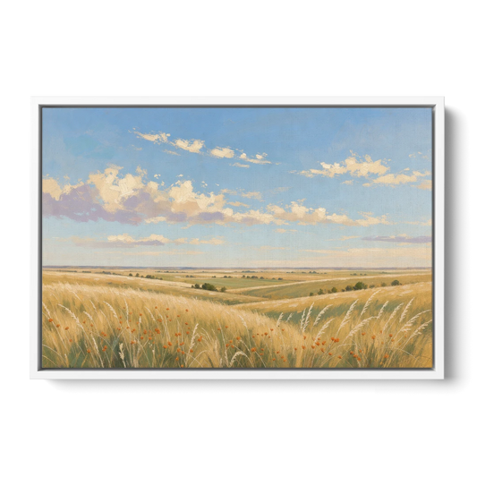 Golden Tallgrass Prairie Above a King Bed - White Framed Canvas Wall Art - Front