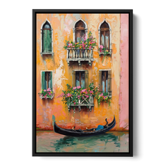 Gondola Painting Under Flowered Windows - Black Framed Canvas Wall Art - Front