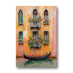 Gondola Painting Under Flowered Windows - Canvas Wall Art - Front
