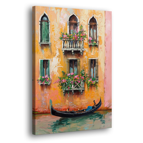 Gondola Painting Under Flowered Windows - Canvas Wall Art - Side