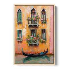 Gondola Painting Under Flowered Windows - Oak Framed Canvas Wall Art - Front
