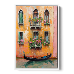 Gondola Painting Under Flowered Windows - White Framed Canvas Wall Art - Front
