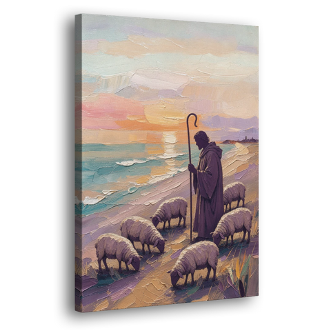 Good Shepherd Painting at Sunset by the Sea - Canvas Wall Art - Side