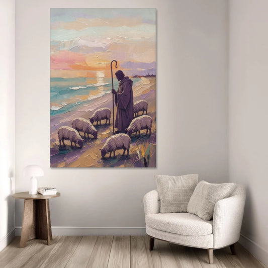 Good Shepherd Painting at Sunset by the Sea - Canvas Wall Art - Sofa - 40x60