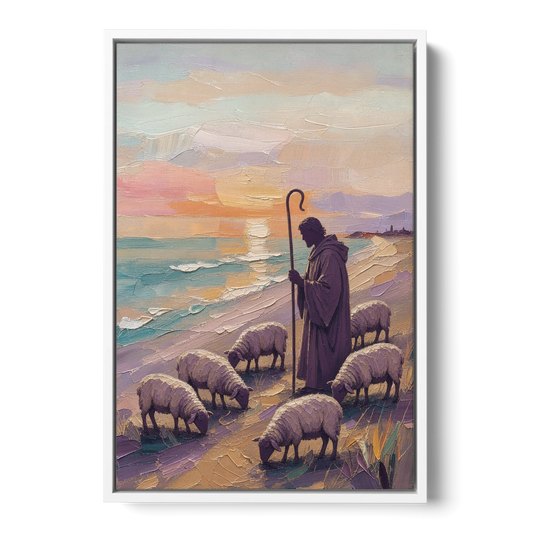 Good Shepherd Painting at Sunset by the Sea - White Framed Canvas Wall Art - Front