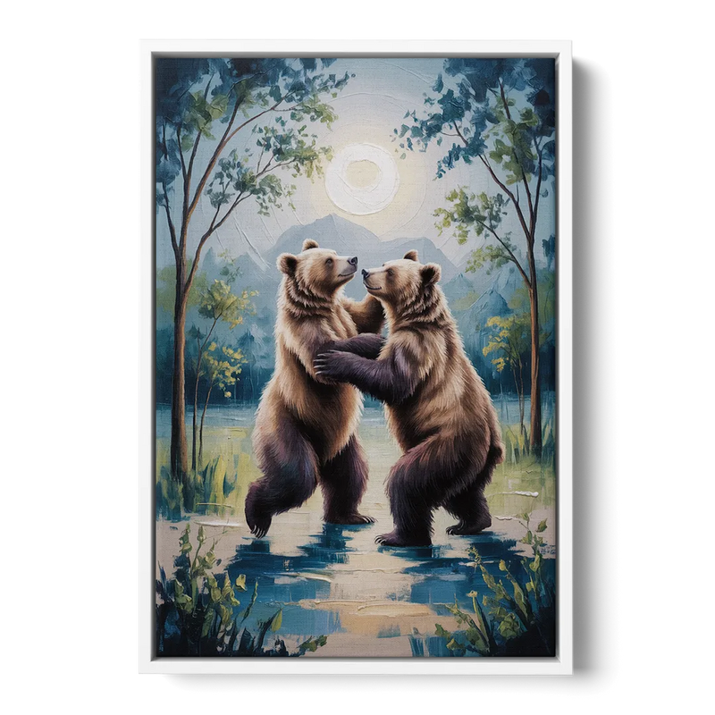Graceful Bear Dance in Moonlight Front - White Canvas Wall Art