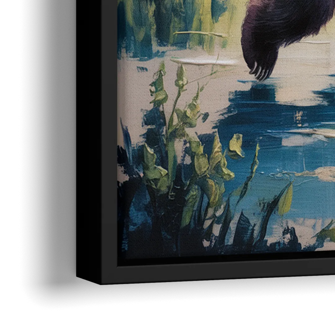 Graceful Bear Dance in Moonlight - Close-Up Black Frame Canvas