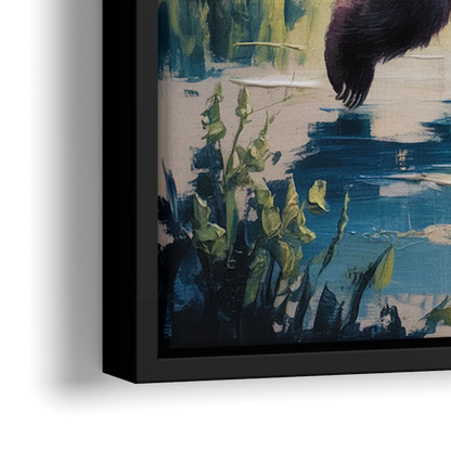 Graceful Bear Dance in Moonlight - Close-Up Black Frame Canvas