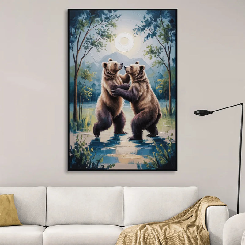 Graceful Bear Dance in Moonlight Sitting Room - Black Canvas Wall Art