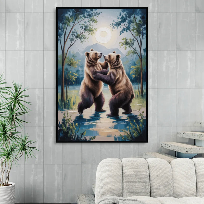 Graceful Bear Dance in Moonlight Living Room - Black Canvas Wall Art