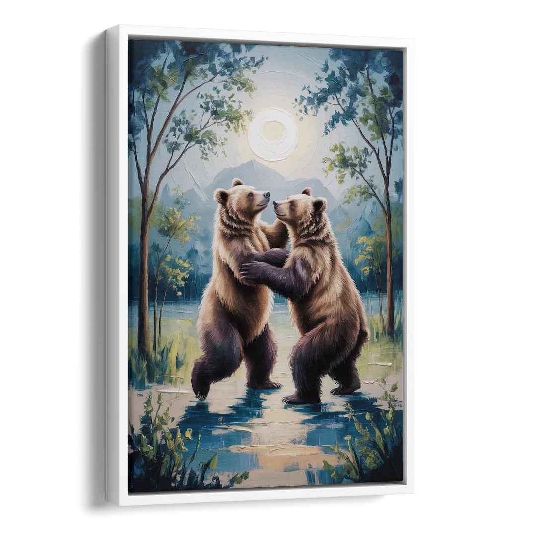 Graceful Bear Dance in Moonlight Side - White Canvas Wall Art