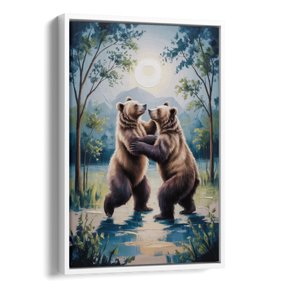 Graceful Bear Dance in Moonlight Side - White Canvas Wall Art