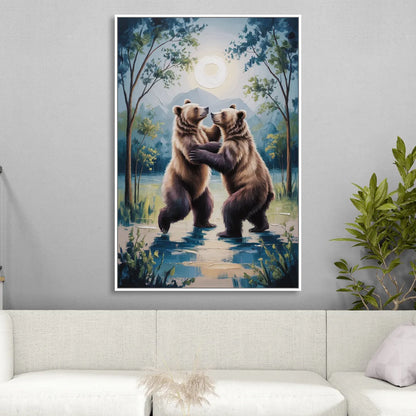 Graceful Bear Dance in Moonlight Living Room - White Canvas Wall Art