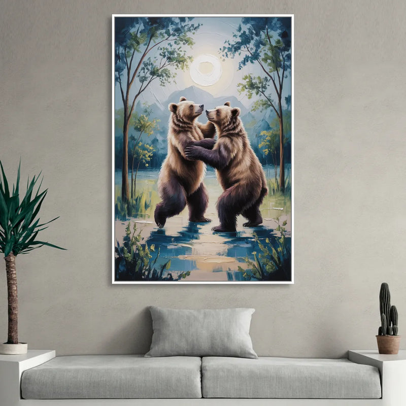 Graceful Bear Dance in Moonlight Sitting Room - White Canvas Wall Art