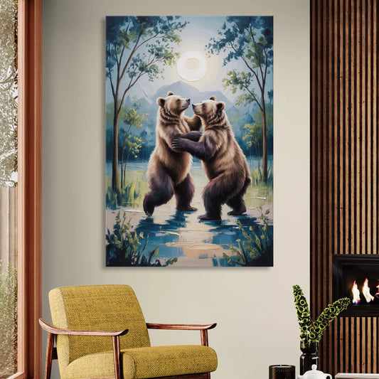 Graceful Bear Dance in Moonlight Living Room - Canvas Wall Art
