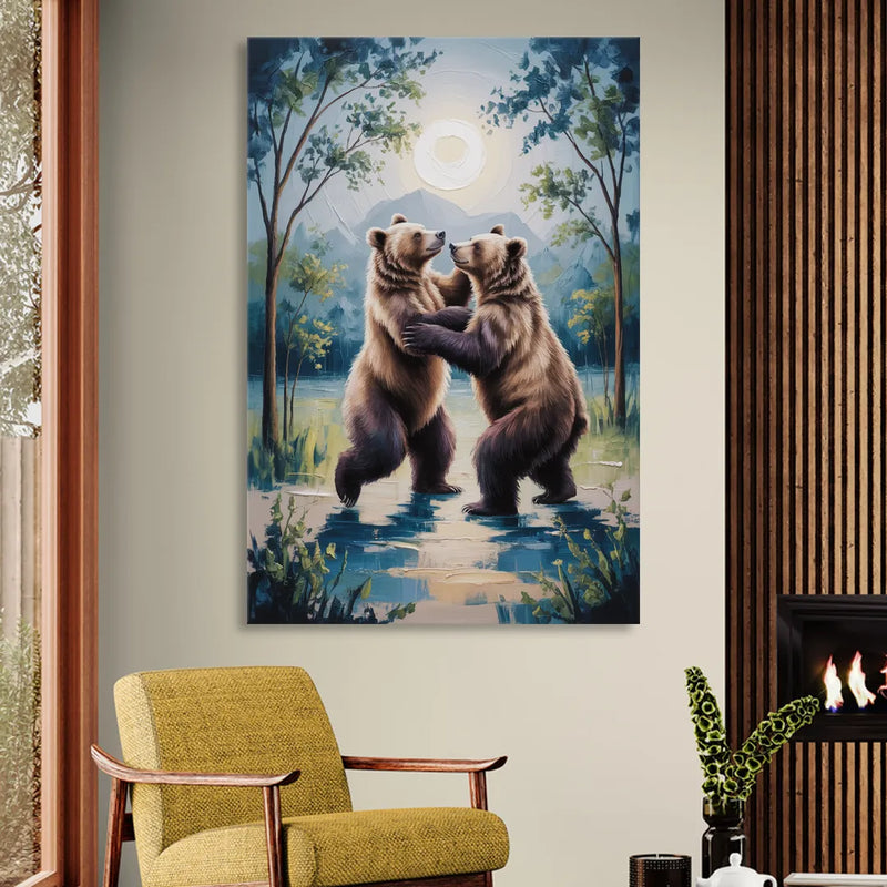 Graceful Bear Dance in Moonlight Living Room - Canvas Wall Art