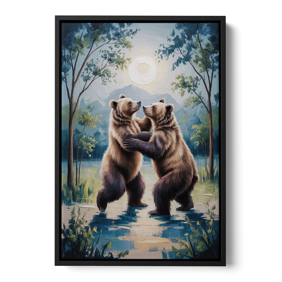 Graceful Bear Dance in Moonlight - Black Frame Canvas