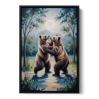 Graceful Bear Dance in Moonlight - Black Frame Canvas