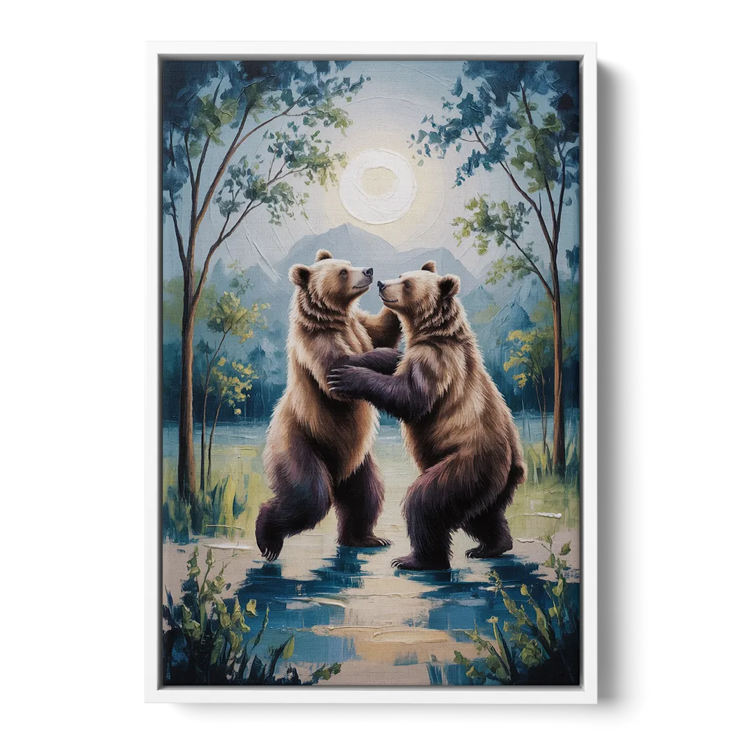 Graceful Bear Dance in Moonlight - White Frame Canvas
