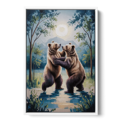 Graceful Bear Dance in Moonlight - White Frame Canvas