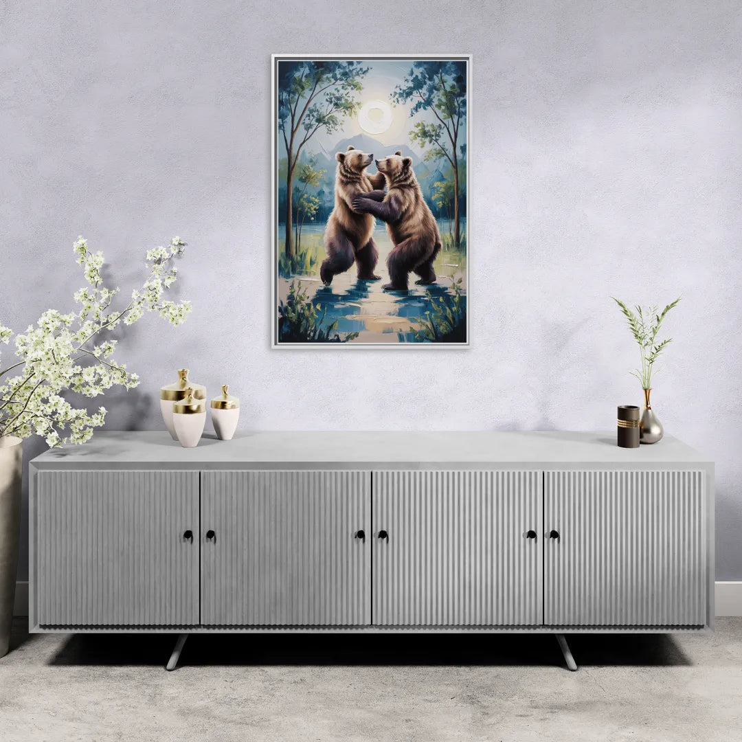 Graceful Bear Dance in Moonlight - Living Room White Frame Canvas
