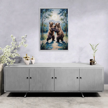 Graceful Bear Dance in Moonlight - Living Room White Frame Canvas