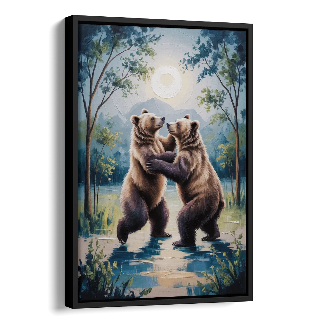 Graceful Bear Dance in Moonlight Side - Black Canvas Wall Art