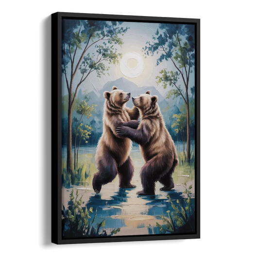 Graceful Bear Dance in Moonlight Side - Black Canvas Wall Art