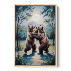 Graceful Bear Dance in Moonlight - Oak Framed Canvas Wall Art - Front