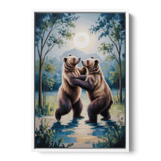 Graceful Bear Dance in Moonlight - White Framed Canvas Wall Art - Front