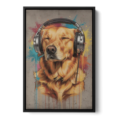 Graffiti Golden Retriever with Headphones - Black Framed Canvas Wall Art - Front