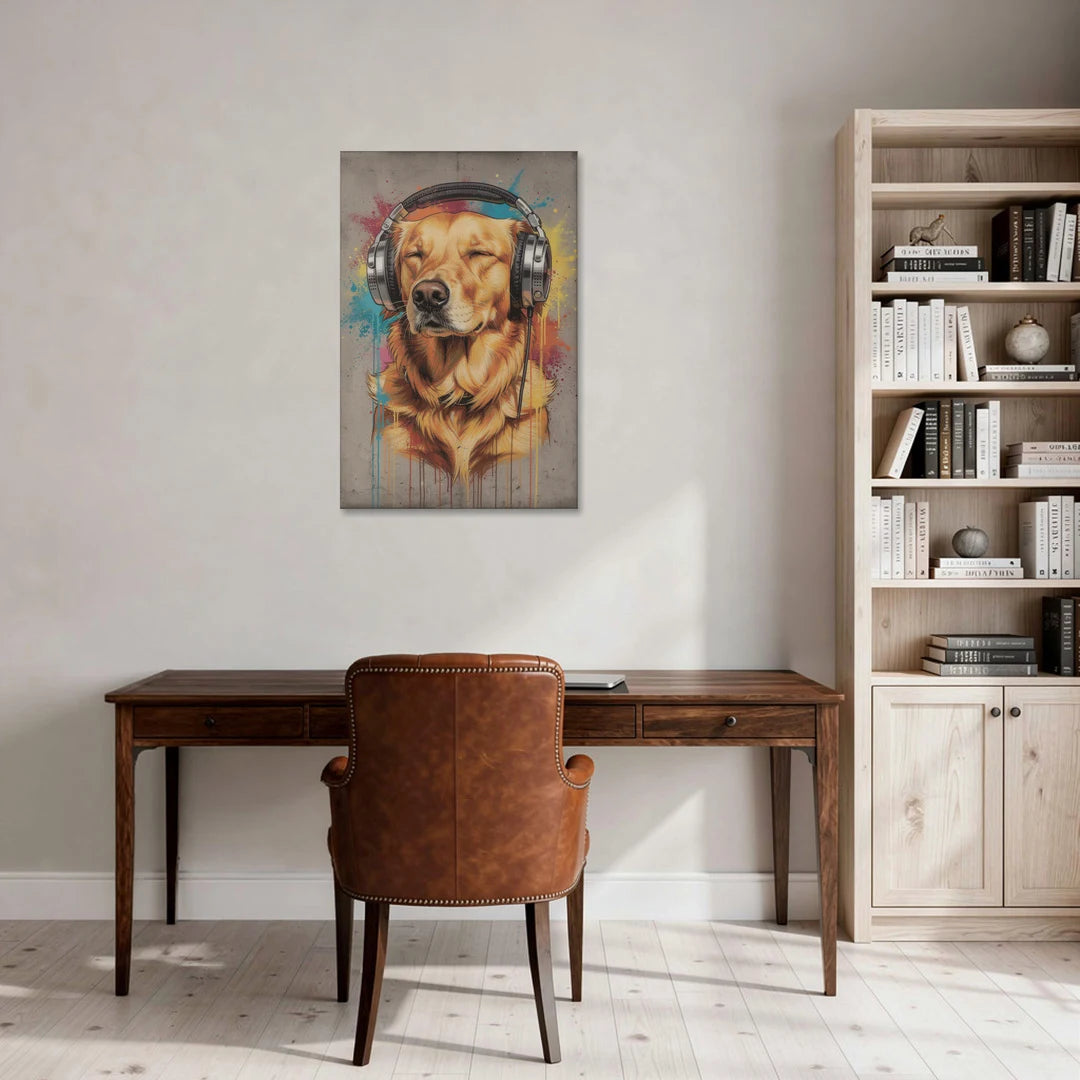 Graffiti Golden Retriever with Headphones - Canvas Wall Art - Office - 24x36