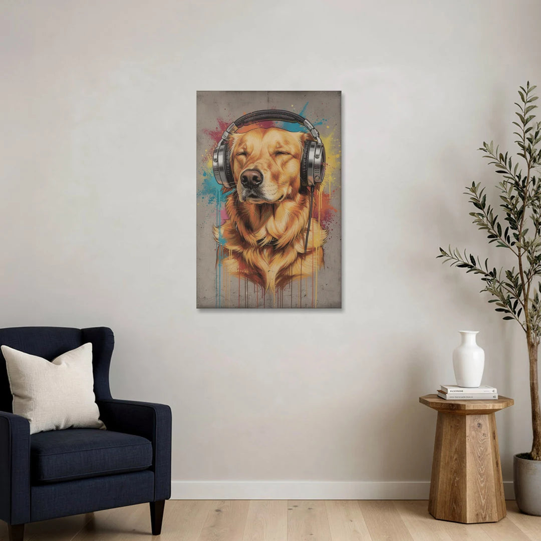 Graffiti Golden Retriever with Headphones - Canvas Wall Art - Sofa - 24x36