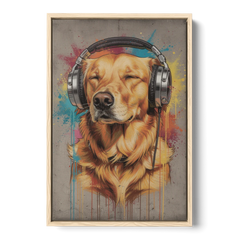 Graffiti Golden Retriever with Headphones - Oak Framed Canvas Wall Art - Front