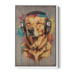 Graffiti Golden Retriever with Headphones - White Framed Canvas Wall Art - Front