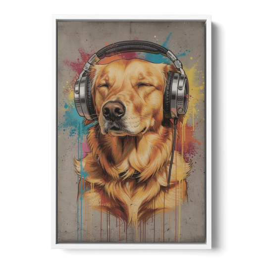 Graffiti Golden Retriever with Headphones - White Framed Canvas Wall Art - Front
