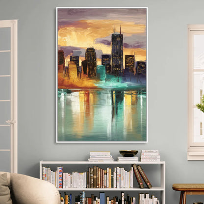 Grand Rapids Cityscape Reflections Living Room - White Canvas Wall Art
