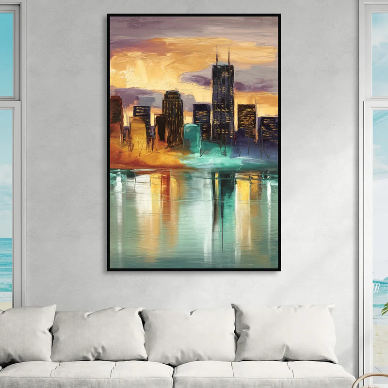 Grand Rapids Cityscape Reflections Sitting Room - Black Canvas Wall Art
